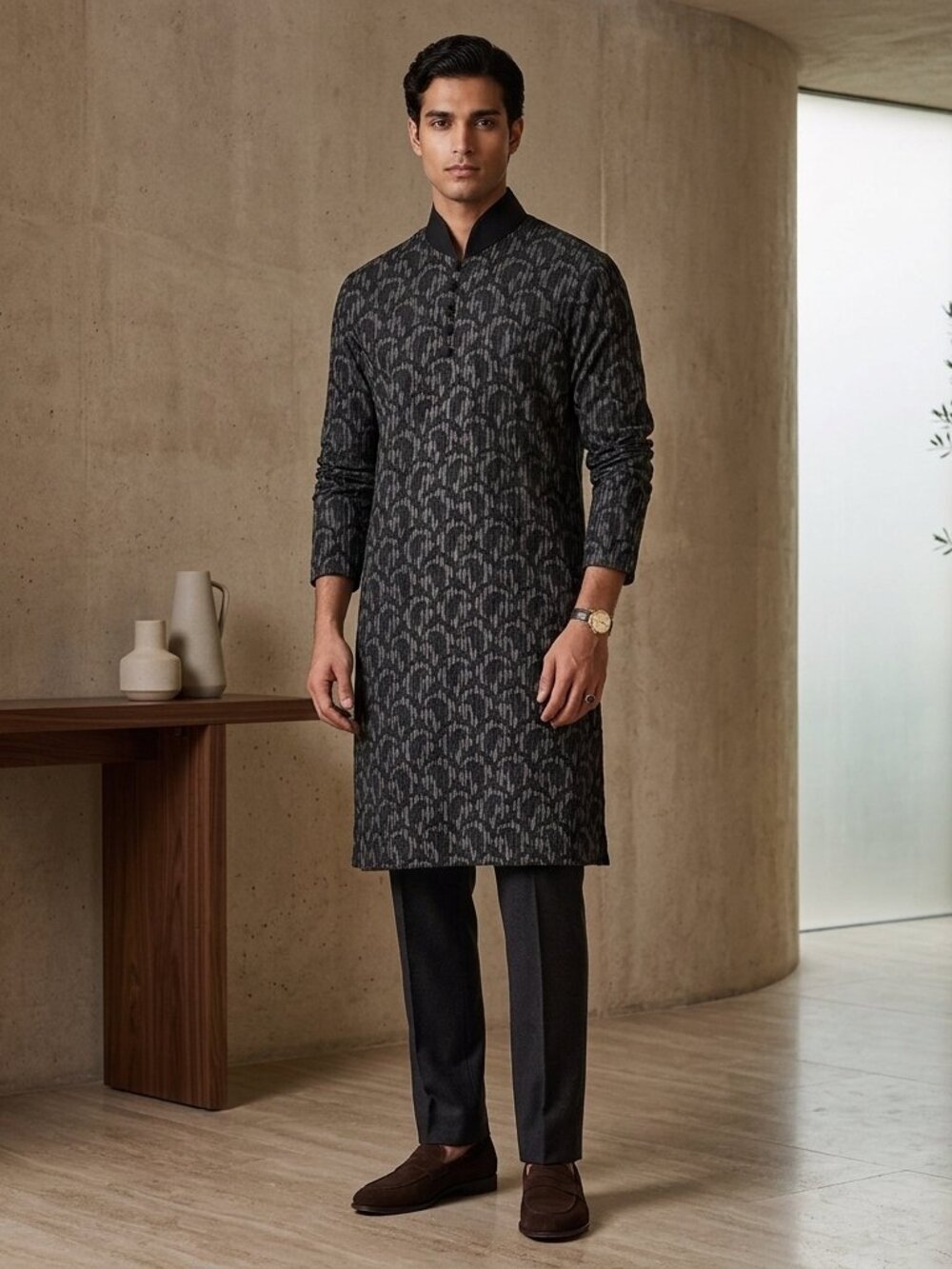 Manyavar Kurta Men's Size Medium Black Gray Multicolor Floral Printed
